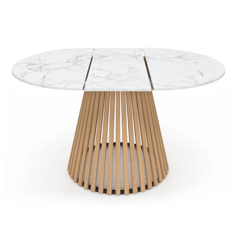 Table repas Camélia plateau rond extensible 110-150cm effet marbre blanc et pieds lattes