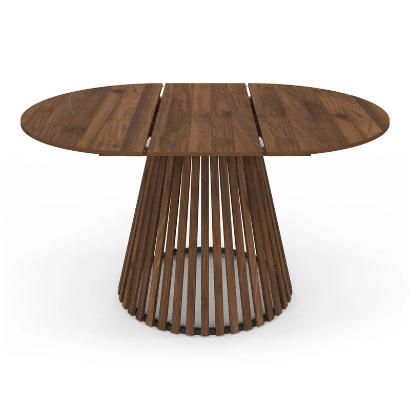 Table repas Camélia plateau rond extensible 110-150cm effet noyer et pieds lattes