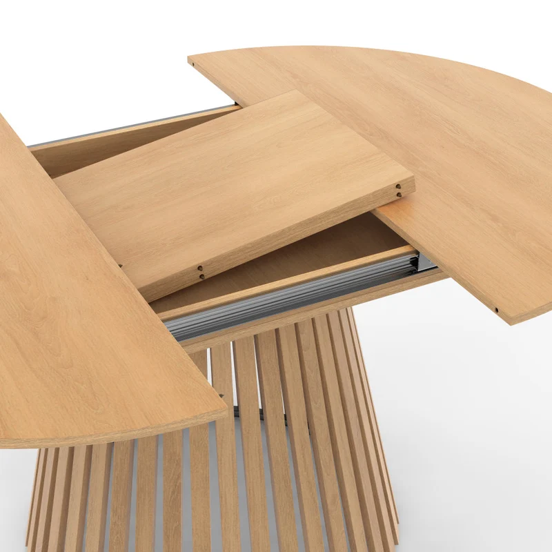 Table repas Camélia plateau rond extensible 110-150cm et pieds lattes