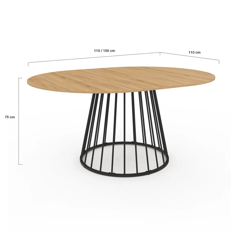 Table repas Adelle plateau rond extensible 110-150cm et pied filaire noir