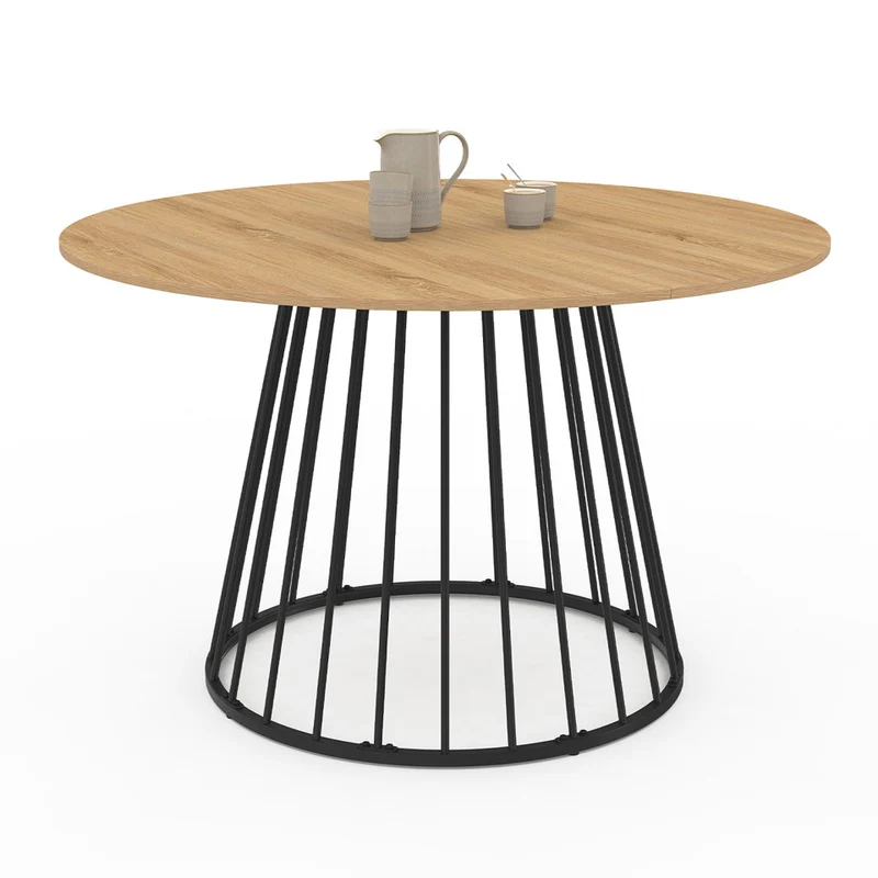 Table repas Adelle plateau rond extensible 110-150cm et pied filaire noir
