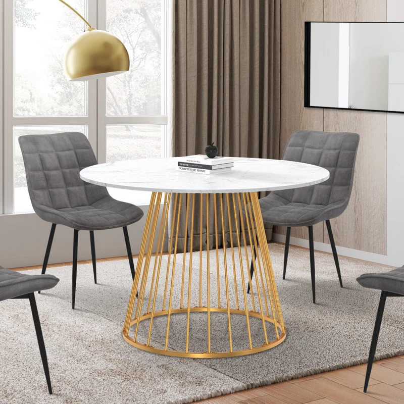 Table repas Adelle plateau rond effet marbre 110cm et pied filaire doré