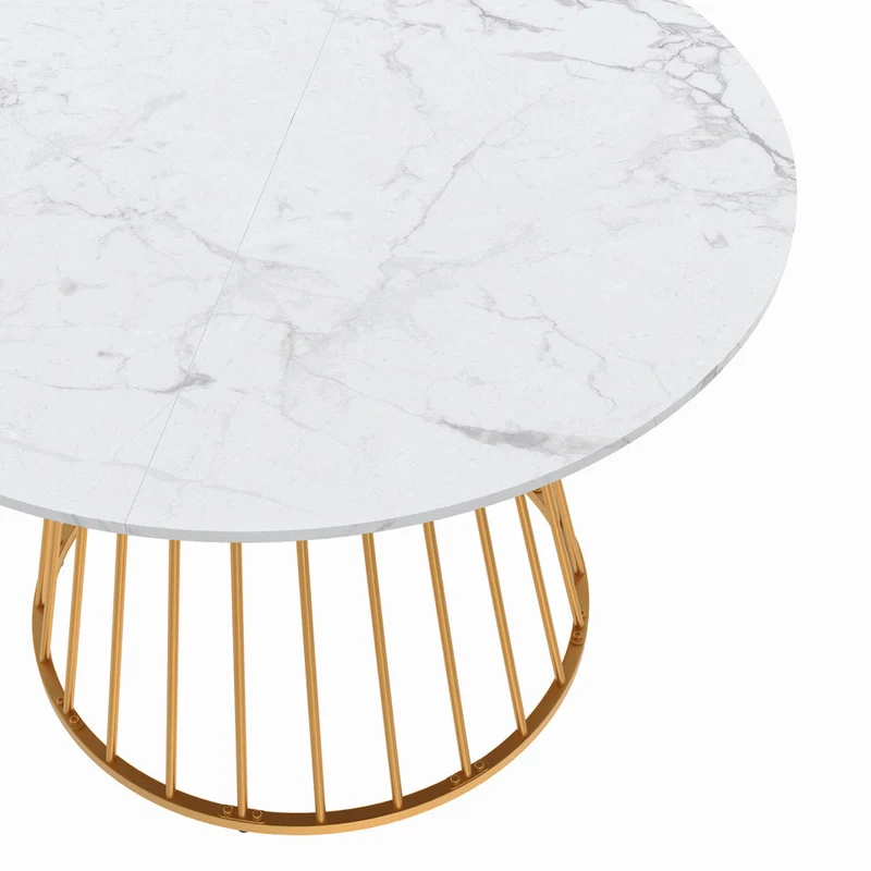 Table repas Adelle plateau rond effet marbre 110cm et pied filaire doré