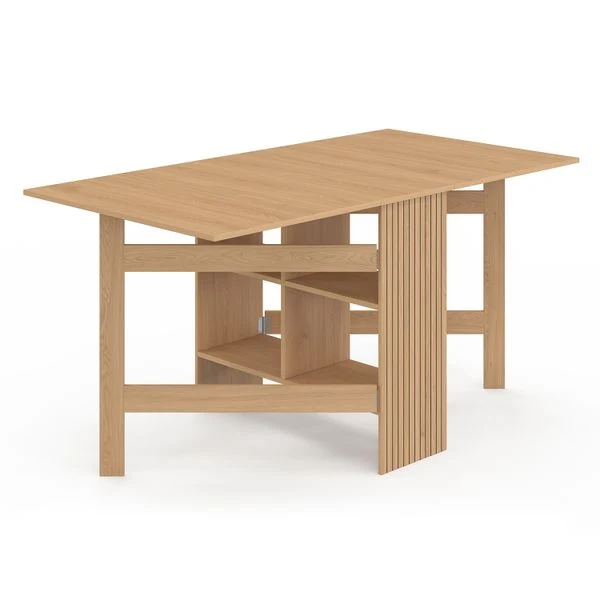 Table à manger dépliable Faustine avec rangement intégré bois et lattes 150cm