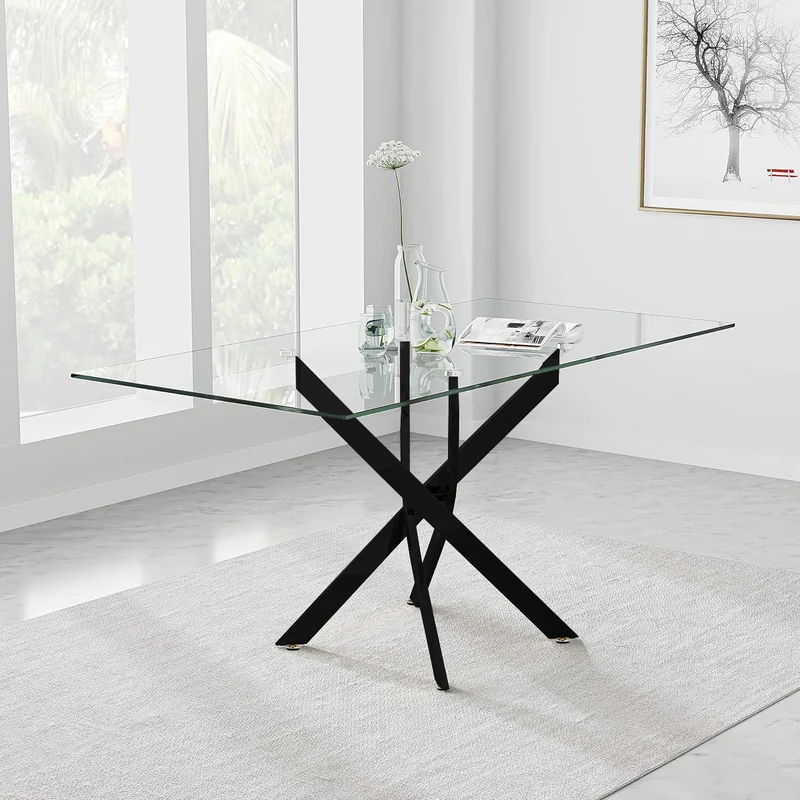 GOLDFAN Table en Verre Trempé Salle à Manger de Cuisine Moderne, Une Table à Manger Noir pour 4 Personnes,110 cm, Noire