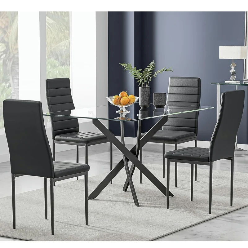 GOLDFAN Table en Verre Trempé Salle à Manger de Cuisine Moderne, Une Table à Manger Noir pour 4 Personnes,110 cm, Noire