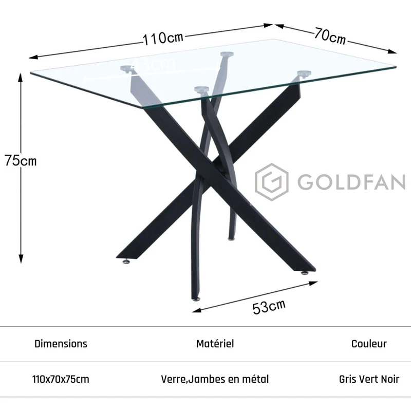 GOLDFAN Table en Verre Trempé Salle à Manger de Cuisine Moderne, Une Table à Manger Noir pour 4 Personnes,110 cm, Noire