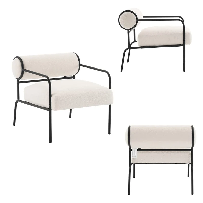 Mingone Fauteuil Salon Design Fauteuil Laine en Métal avec Dossier Confortable Chaise D'appoint avec Accoudoirs Chaise Rembourré pour Salon Chambre, Blanc