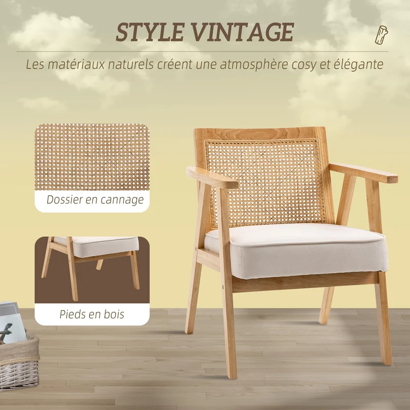 HOMCOM Fauteuil de Salon Confortable, Chaise en rotin avec Dossier en cannage, Coussin épais, Assise Profonde, Structure en Bois hévéa Tissu Aspect Lin Beige