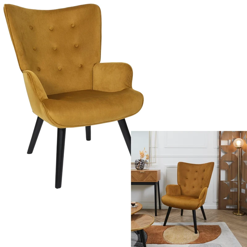 HOME DECO FACTORY, HD0365, Fauteuil de Salon Giulia Jaune, Lounge Edition, Mobilier, Assise, canapé et Fauteuil, 68x96x75 cm, Hauteur Assise 43 cm, Jaune