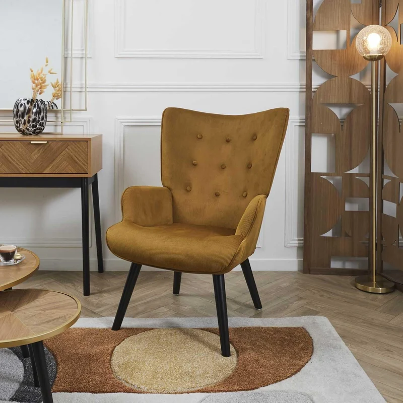 HOME DECO FACTORY, HD0365, Fauteuil de Salon Giulia Jaune, Lounge Edition, Mobilier, Assise, canapé et Fauteuil, 68x96x75 cm, Hauteur Assise 43 cm, Jaune