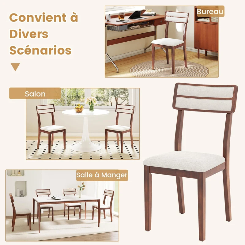 COSTWAY Chaise Salle a Manger Lot de 2, Chaises Hautes avec Dossier Haut, Siège Rembourré, Pieds en Bois de Caoutchouc, Fauteuil Salle a Manger sans Accoudoirs, Charge 180 KG (Noyer)