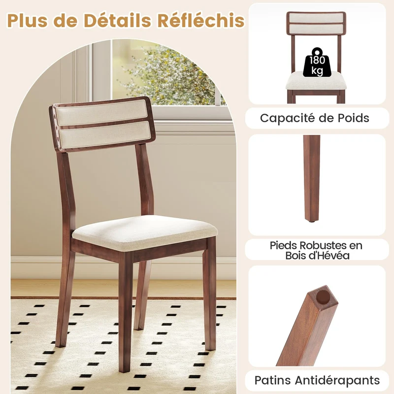 COSTWAY Chaise Salle a Manger Lot de 2, Chaises Hautes avec Dossier Haut, Siège Rembourré, Pieds en Bois de Caoutchouc, Fauteuil Salle a Manger sans Accoudoirs, Charge 180 KG (Noyer)
