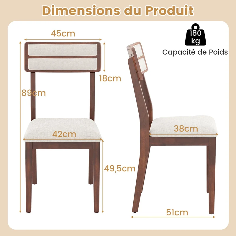COSTWAY Chaise Salle a Manger Lot de 2, Chaises Hautes avec Dossier Haut, Siège Rembourré, Pieds en Bois de Caoutchouc, Fauteuil Salle a Manger sans Accoudoirs, Charge 180 KG (Noyer)
