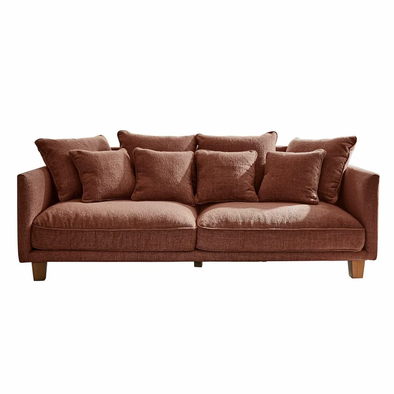 Loberon Canapé Brissonneau, design moderne, avec coussin décoratif, housse robuste, toucher doux, élégance, canapé, siège, bois d'hévéa, bois de pin, polyester, marron rouille