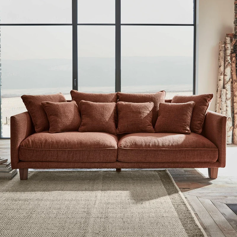 Loberon Canapé Brissonneau, design moderne, avec coussin décoratif, housse robuste, toucher doux, élégance, canapé, siège, bois d'hévéa, bois de pin, polyester, marron rouille