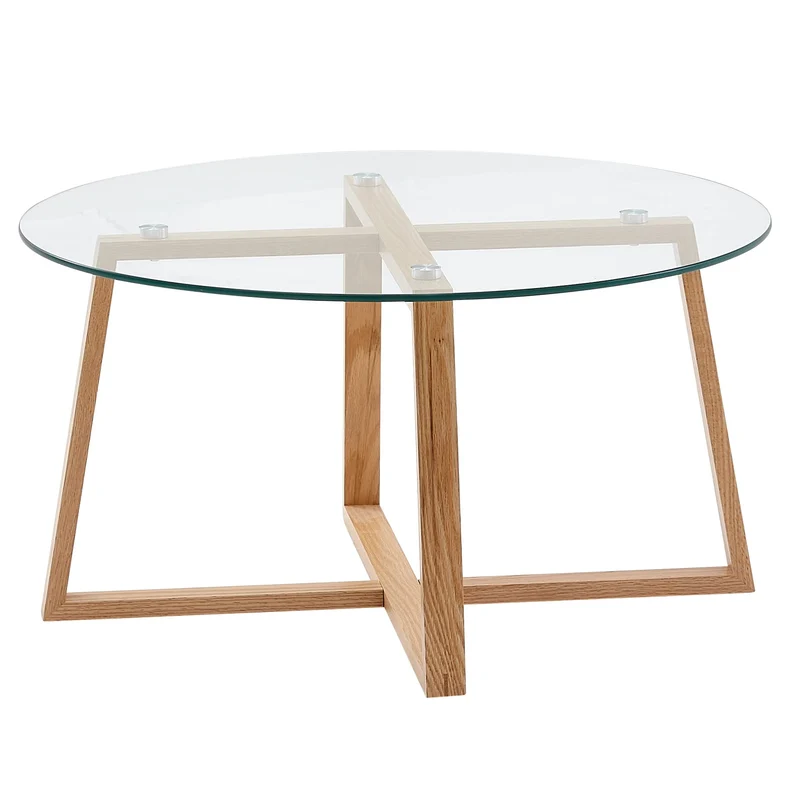 WOHNLING Table Basse 78x78x41 cm Table Basse en chêne Massif/Verre Rond | Table de Salon Design Moderne | Table en Bois, Table de Chambre, Grande | Table Basse Table Salon Bois véritable