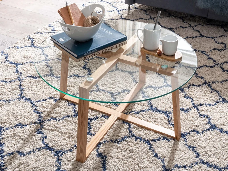 WOHNLING Table Basse 78x78x41 cm Table Basse en chêne Massif/Verre Rond | Table de Salon Design Moderne | Table en Bois, Table de Chambre, Grande | Table Basse Table Salon Bois véritable