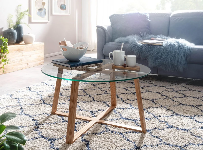 WOHNLING Table Basse 78x78x41 cm Table Basse en chêne Massif/Verre Rond | Table de Salon Design Moderne | Table en Bois, Table de Chambre, Grande | Table Basse Table Salon Bois véritable