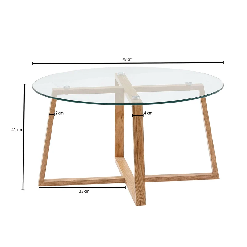 WOHNLING Table Basse 78x78x41 cm Table Basse en chêne Massif/Verre Rond | Table de Salon Design Moderne | Table en Bois, Table de Chambre, Grande | Table Basse Table Salon Bois véritable