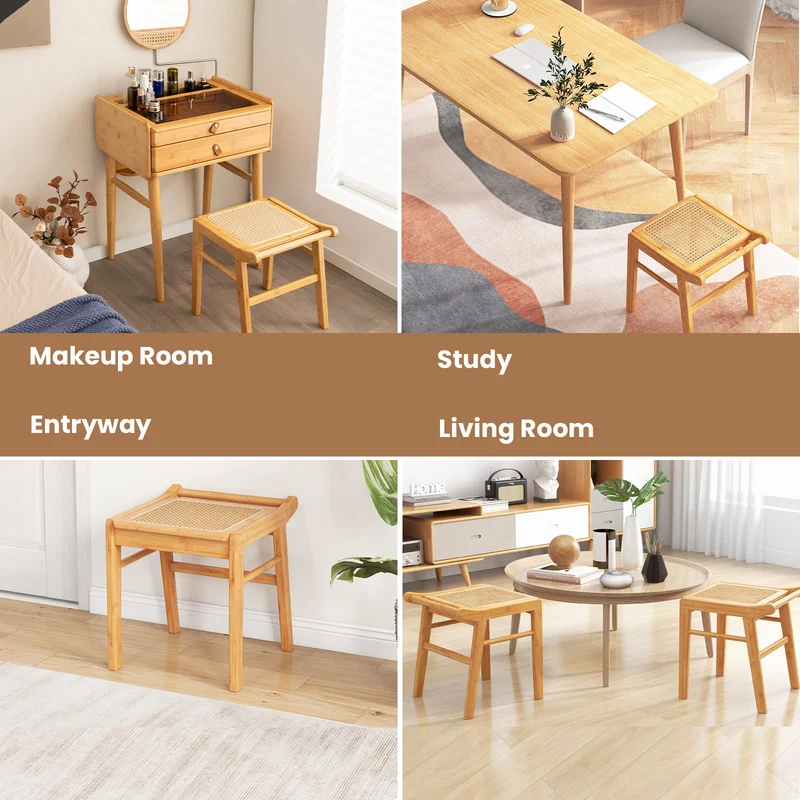 HOMASIS Tabouret de toilette de maquillage en bambou, banquette assise en bambou et rotin capacité de charge jusqu'à 120 kg, petite chaise cosmétique coiffeuse, salon, chambre à TF11088XKES