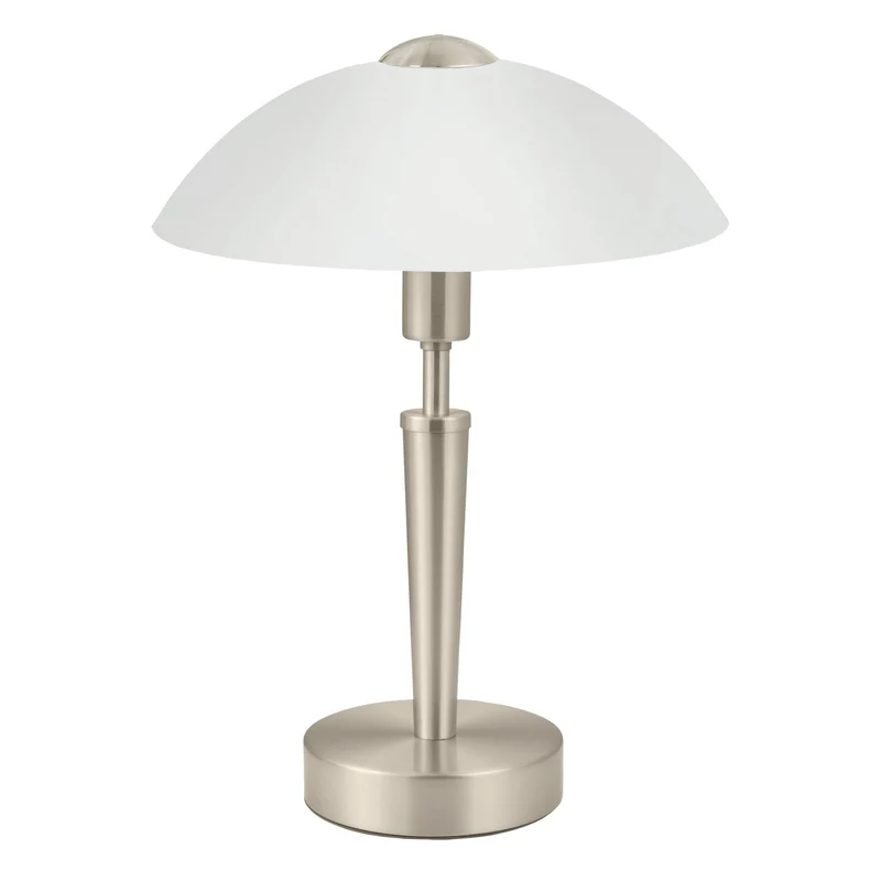 Eglo Lampe à poser SOLO 1, 1 lampe de table à flamme, matériau : acier, couleur : nickel mat, verre : blanc satiné, douille : E14, variateur tactile inclus