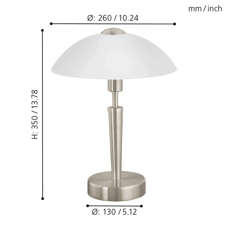 Eglo Lampe à poser SOLO 1, 1 lampe de table à flamme, matériau : acier, couleur : nickel mat, verre : blanc satiné, douille : E14, variateur tactile inclus