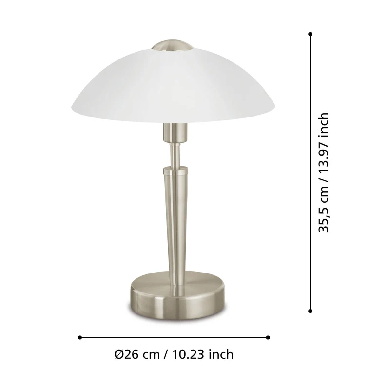 Eglo Lampe à poser SOLO 1, 1 lampe de table à flamme, matériau : acier, couleur : nickel mat, verre : blanc satiné, douille : E14, variateur tactile inclus