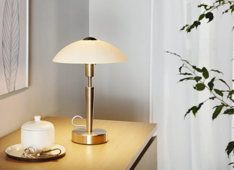 Eglo Lampe à poser SOLO 1, 1 lampe de table à flamme, matériau : acier, couleur : nickel mat, verre : blanc satiné, douille : E14, variateur tactile inclus