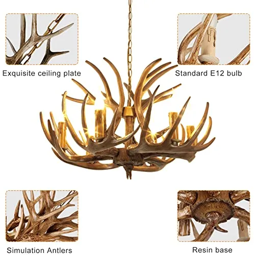 LFONDIGE Lustre en Bois de cerf à 6 lumières, Petit Lustre Rustique en résine, Suspension Vintage en Bois de cerf pour Chambre, bébé ou Balcon (Lustre en Bois de cerf Marron à 6 lumières