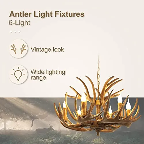 LFONDIGE Lustre en Bois de cerf à 6 lumières, Petit Lustre Rustique en résine, Suspension Vintage en Bois de cerf pour Chambre, bébé ou Balcon (Lustre en Bois de cerf Marron à 6 lumières