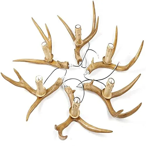 LFONDIGE Lustre en Bois de cerf à 6 lumières, Petit Lustre Rustique en résine, Suspension Vintage en Bois de cerf pour Chambre, bébé ou Balcon (Lustre en Bois de cerf Marron à 6 lumières