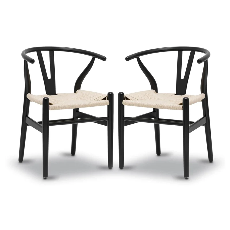Lot de 2 chaises Y en bois massif du milieu du siècle – Design Wishbone – Chaises de salle à manger avec accoudoirs et assise en chanvre en frêne et finition noyer (noir)