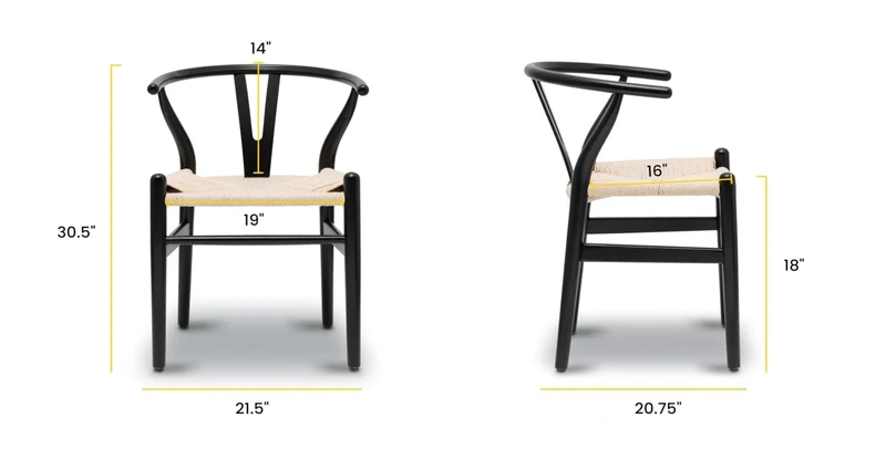 Lot de 2 chaises Y en bois massif du milieu du siècle – Design Wishbone – Chaises de salle à manger avec accoudoirs et assise en chanvre en frêne et finition noyer (noir)