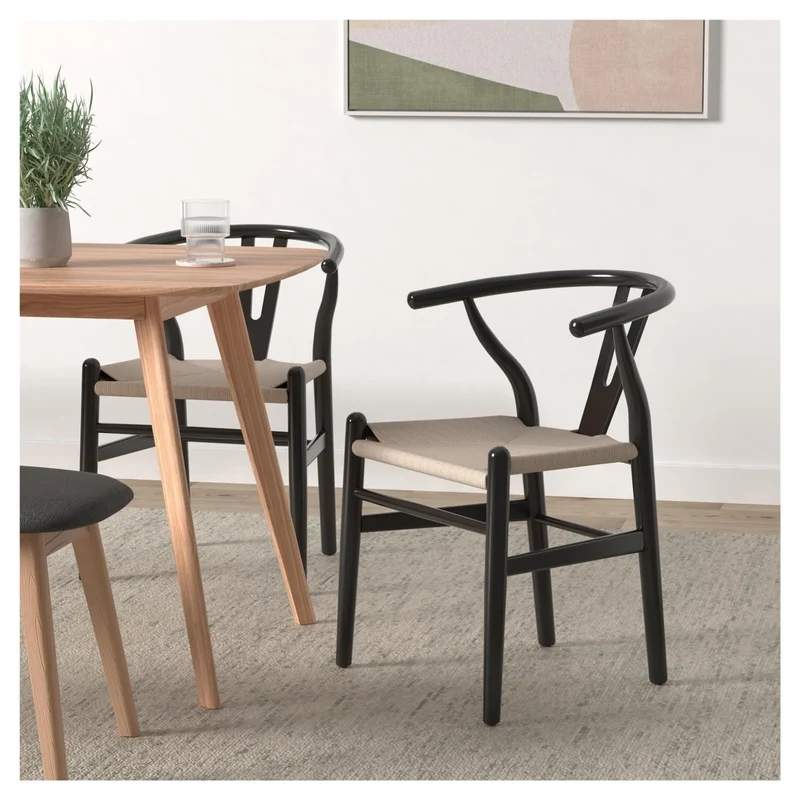 Lot de 2 chaises Y en bois massif du milieu du siècle – Design Wishbone – Chaises de salle à manger avec accoudoirs et assise en chanvre en frêne et finition noyer (noir)