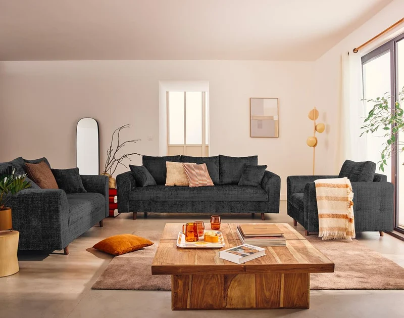 Lisa Design - Rune - canapé Droit 3 Places en Velours texturé, Gris Anthracite