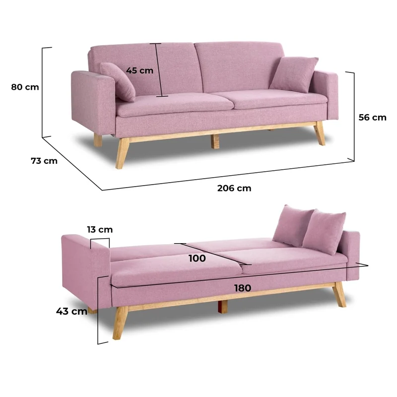 Don Descanso - Canapé Convertible clic clac 3 Places Convertible lit 3 Places Reine. Dimension canapé : 206x73x80cm | Dimension lit : 180x100cm [Comprend 2 Coussins] | Rose
