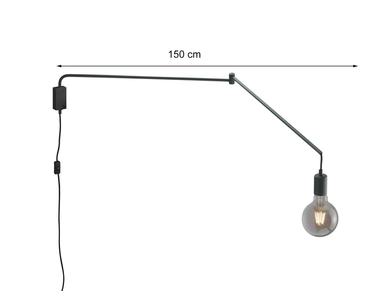 Applique murale orientable avec prise et interrupteur, noir saillie max. 150 cm