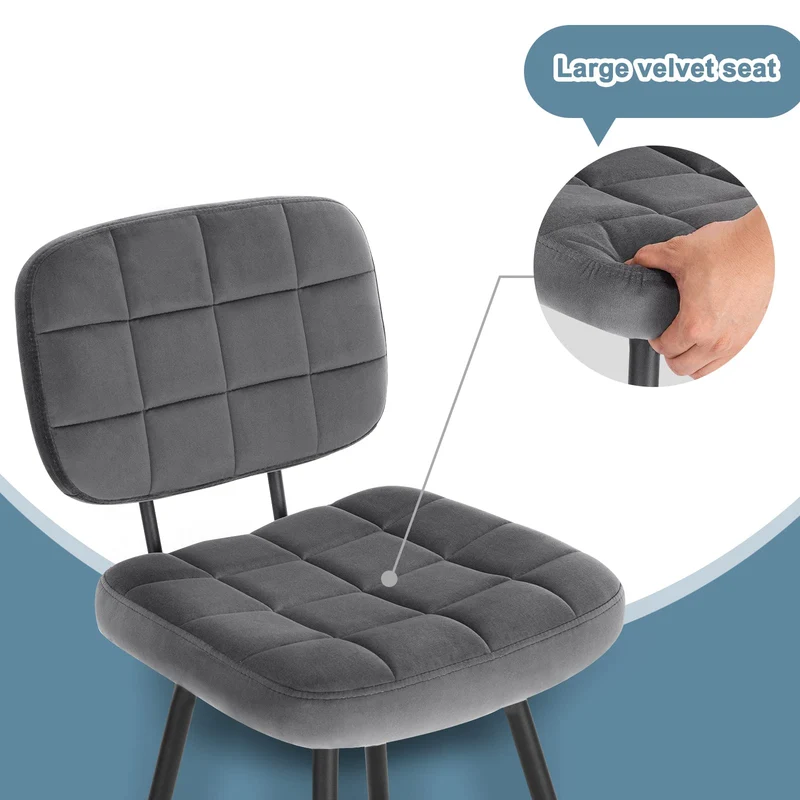 EUGAD Tabouret Bar, Chaise de Bar, avec Dossier, Repose-Pieds, Siège Rembourré, en Velours et Métal,Gris foncé,1043BY-1