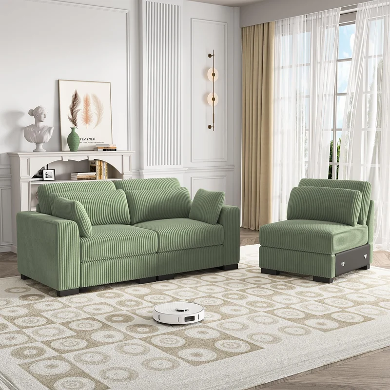 MIOOSUT Canape 2 Places Convertible, Canapé Moderne, Canapé Modulable, Meuble Rembourré Design Moderne, avec Coussin, Tissu Velours Côtelé, Salon (Vert, 2 Places)