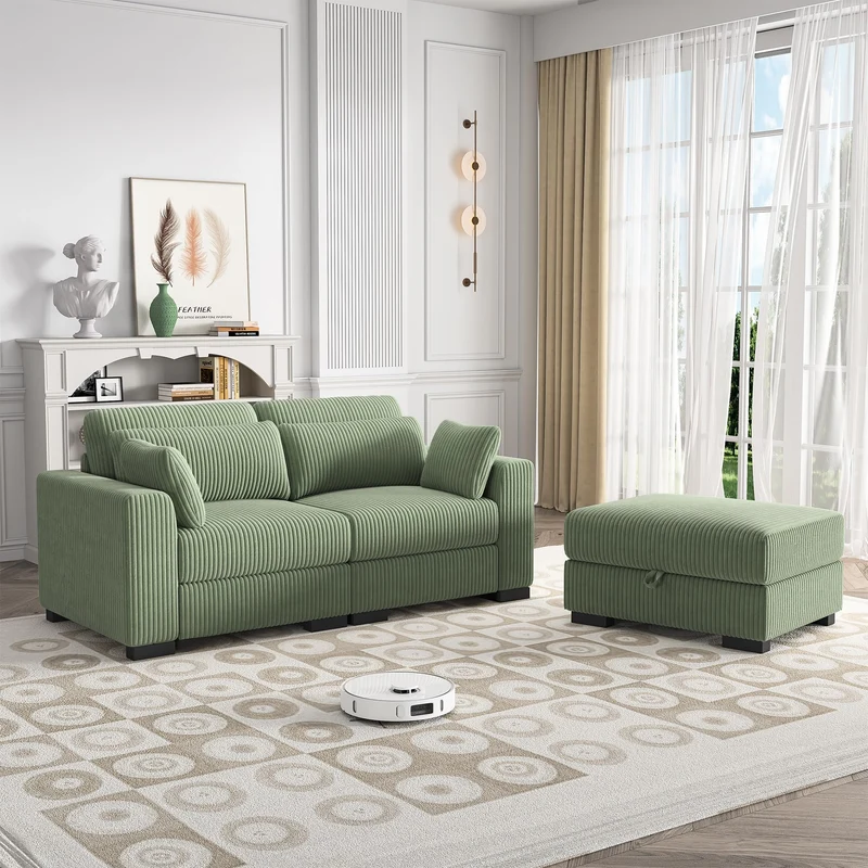 MIOOSUT Canape 2 Places Convertible, Canapé Moderne, Canapé Modulable, Meuble Rembourré Design Moderne, avec Coussin, Tissu Velours Côtelé, Salon (Vert, 2 Places)
