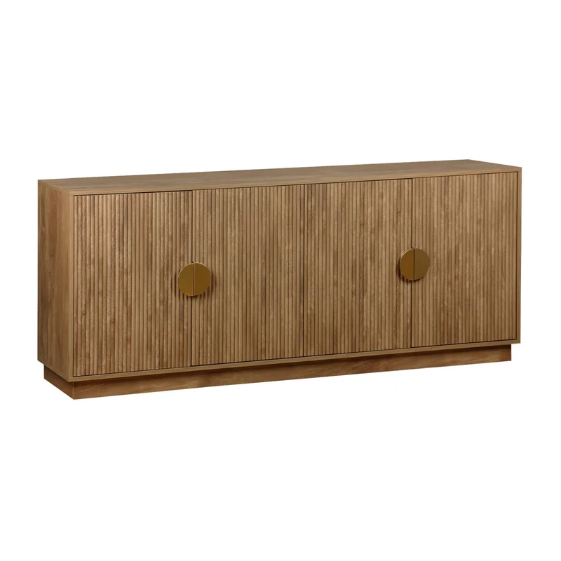 sweeek - Buffet Exotique 4 Portes. décor Bois de manguier rainuré. Buffet Bas. poignées en métal doré. L 180 x P 40 x H 75cm