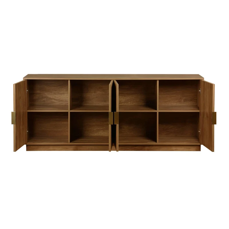 sweeek - Buffet Exotique 4 Portes. décor Bois de manguier rainuré. Buffet Bas. poignées en métal doré. L 180 x P 40 x H 75cm