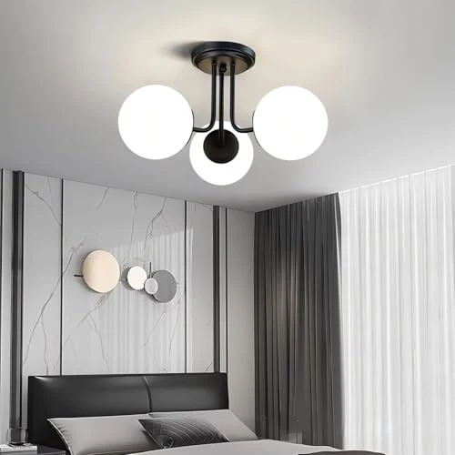 ZEHUILT Plafonnier Moderne, Lustre Suspendu Avec Abat-Jour Globe En Verre Blanc, Plafonnier Semi-Encastré à 3 LumièRes, Pour Salon Chambre Cuisine Couloir, Noir