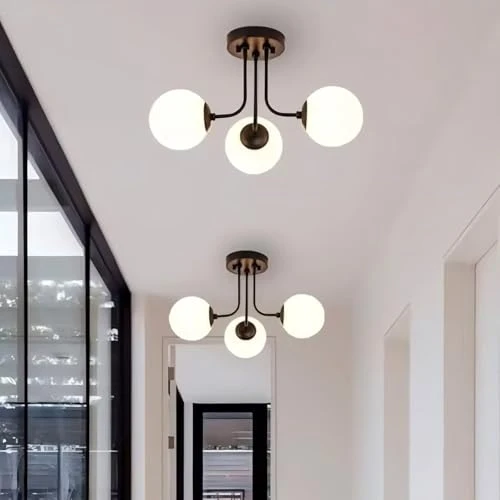 ZEHUILT Plafonnier Moderne, Lustre Suspendu Avec Abat-Jour Globe En Verre Blanc, Plafonnier Semi-Encastré à 3 LumièRes, Pour Salon Chambre Cuisine Couloir, Noir
