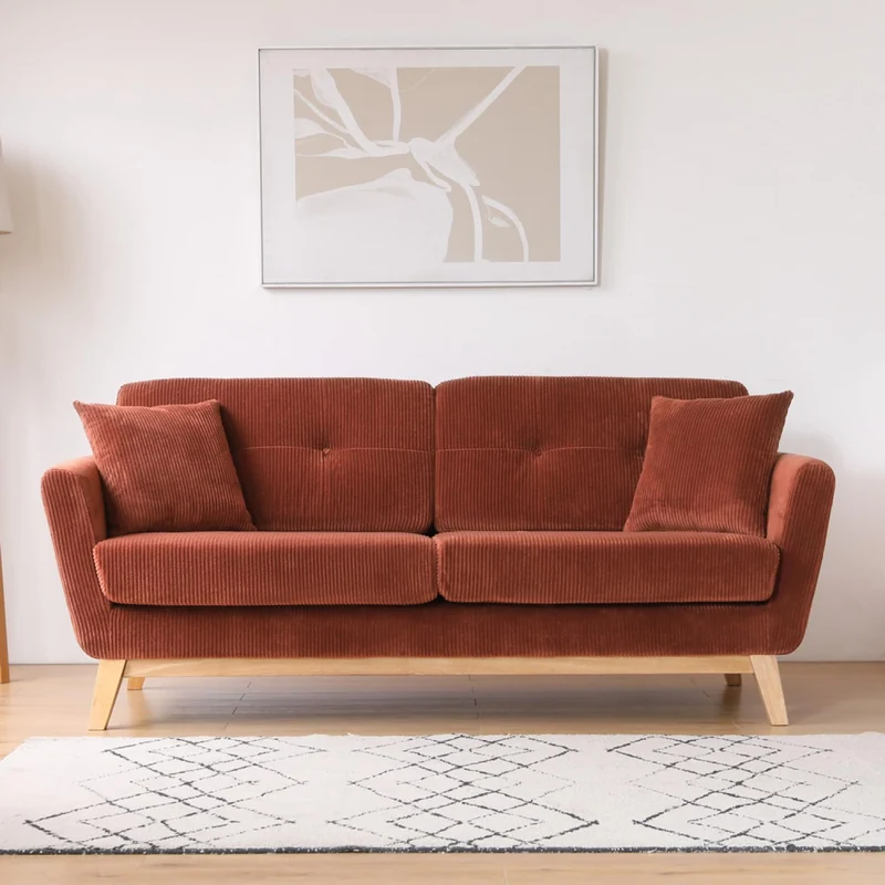 CONCEPT USINE | Canapé 3 Places HOGA Terracotta | Style Scandinave | Velours Côtelé Déhoussable | Assise Confortable Rembourrée | Pieds Obliques Bois | Design Tendance et Chaleureux