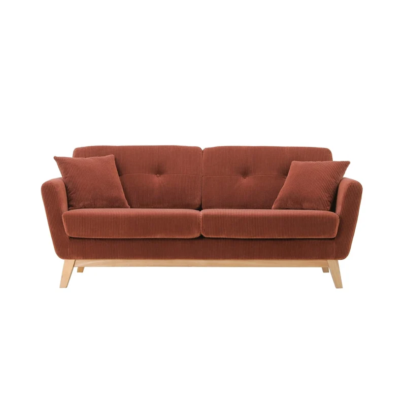 CONCEPT USINE | Canapé 3 Places HOGA Terracotta | Style Scandinave | Velours Côtelé Déhoussable | Assise Confortable Rembourrée | Pieds Obliques Bois | Design Tendance et Chaleureux