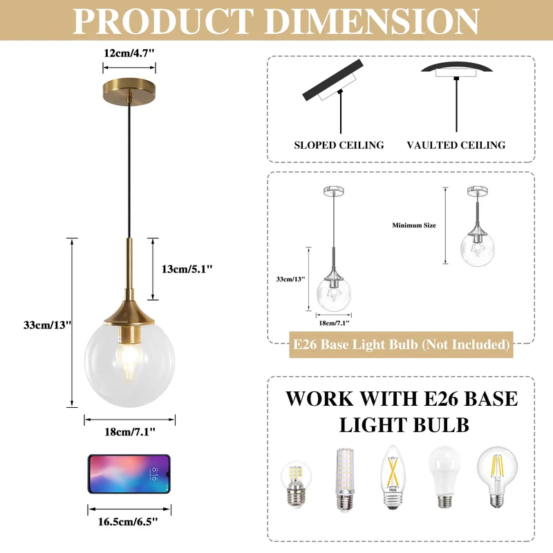 KCO Éclairage suspendu globe transparent pour îlot de cuisine en verre bulle doré luminaire suspendu moderne du milieu du siècle pour salon salle à manger