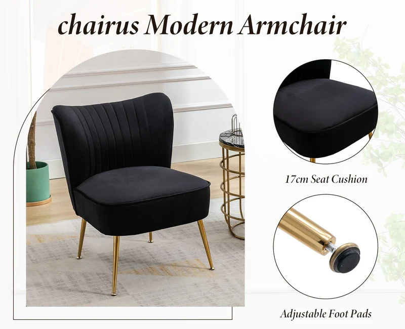 chairus Chaise de Salon en Velours Fauteuil de Chambre Comfortable Chaise Rembourrée Canapé 1 Place (Noir- 1 Piece)