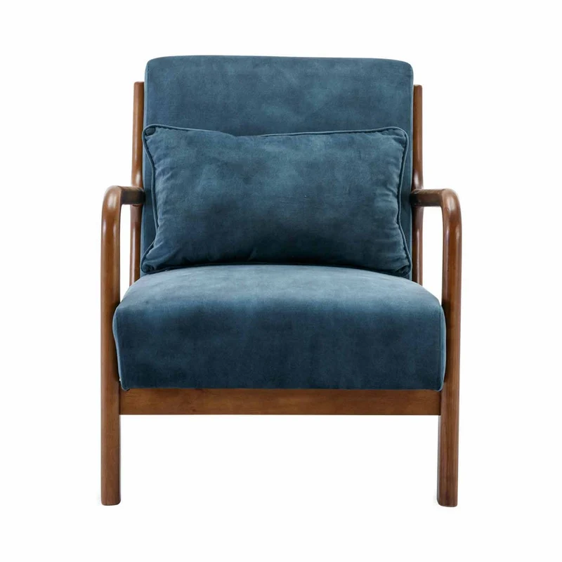 Alice's Home - Fauteuil en Velours Bleu pétrole. Pieds Bois d'hévéa teinté Noyer Clair. 1 Place Droit Fixe. Pieds Compas scandinave
